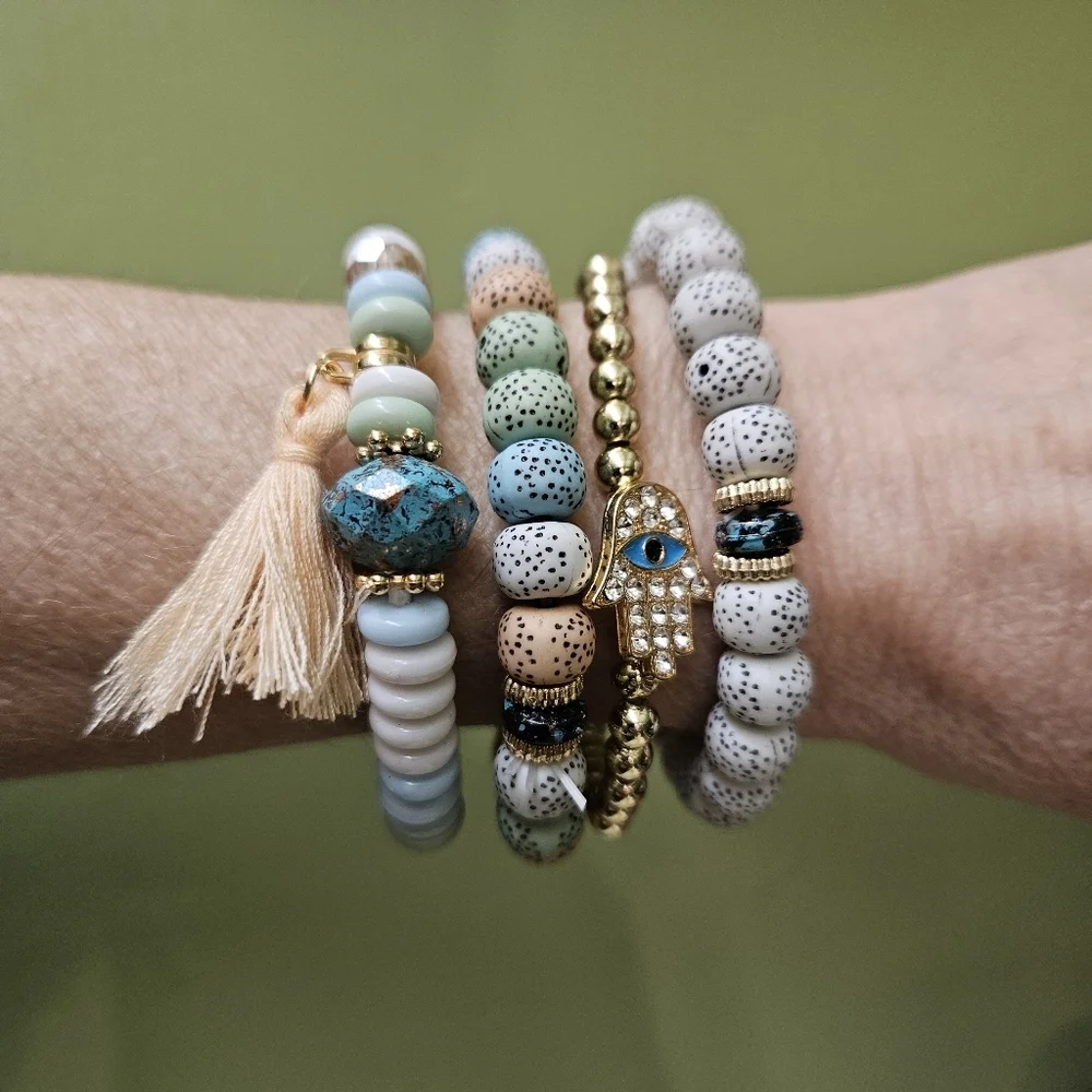 Hamsa Hand Evil Eye Layered Beaded Bracelet Pastel Tassel - Picture 6 of 8